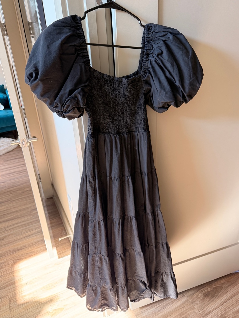 Petal + Pup Black Puff-Sleeve Smocked Midi Dress